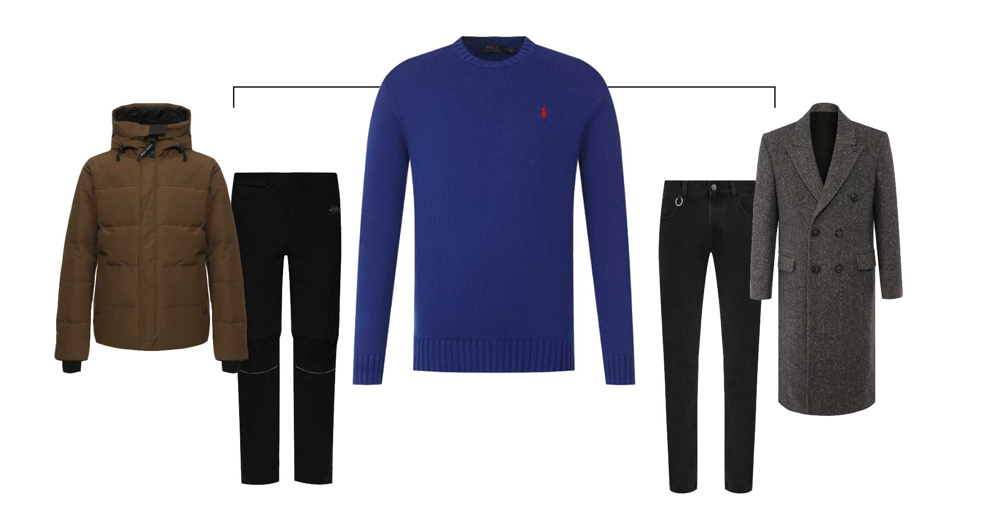 Свитер, Polo Ralph Lauren, 9835 руб.; вариант для отдыха: куртка, Canada Goose, 65 650 руб.; штаны, Off-White, 109 000 руб.; вариант для города: пальто, Acne Studios, 74 900 руб.; джинсы, Raf Simons, 32 900 руб. Свитер Polo Ralph Lauren, 9835 рублей; вариант для отдыха: куртка Canada Goose, 65650 рублей; штаны Off-White, 109 рублей; вариант для города: пальто Acne Studios, 74900 рублей; джинсы Raf Simons, 32900 рублей