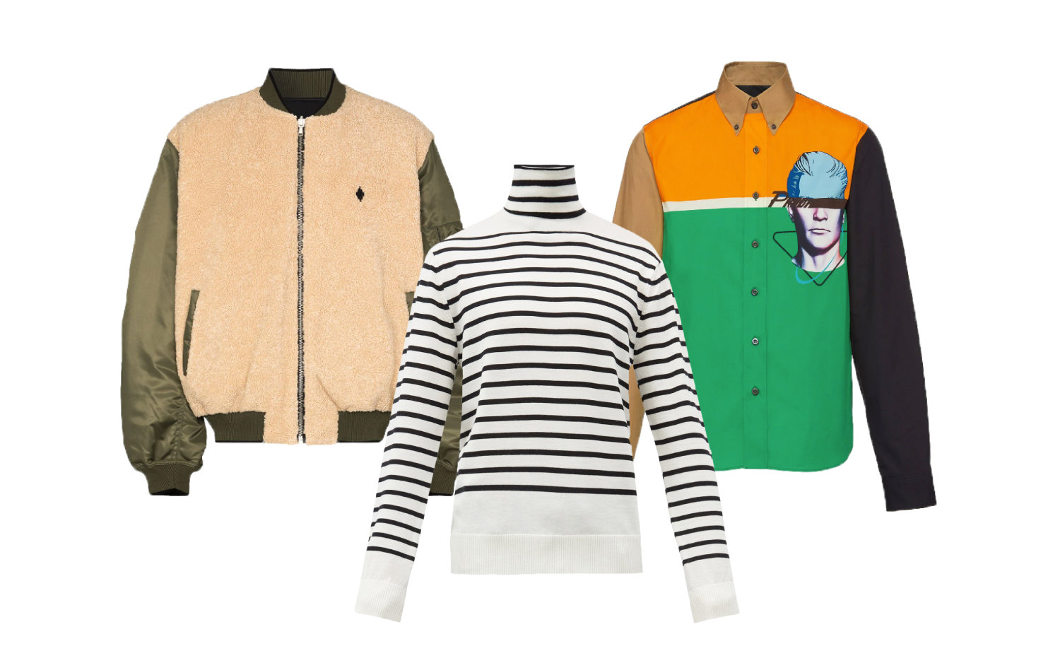 Бомбер, Marcelo Burlon County of Milan, €1066; свитер, TAKAHIROMIYASHITA TheSoloist, €362; рубашка, Prada, €590 Бомбер Marcelo Burlon County of Milan, €1066; свитер TAKAHIROMIYASHITA TheSoloist., €362 ; рубашка Prada, €590