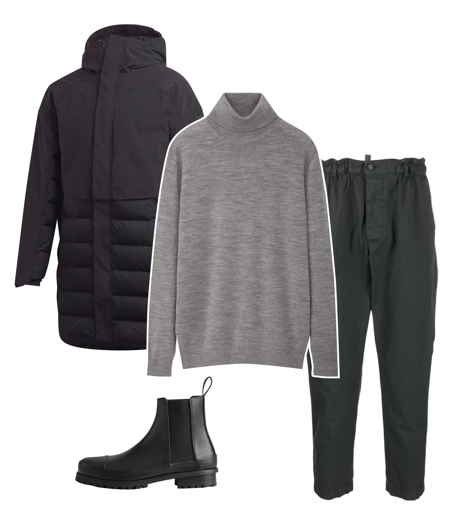 Куртка, adidas, 23 999 руб.; водолазка, Uniqlo, 2999 руб.; штаны, Dsquared², 23 823 руб.; челси, COS, €175 Куртка adidas, 23999 рублей; водолазка Uniqlo, 2999 рублей; штаны Dsquared2, 23823 рублей; челси COS, €175