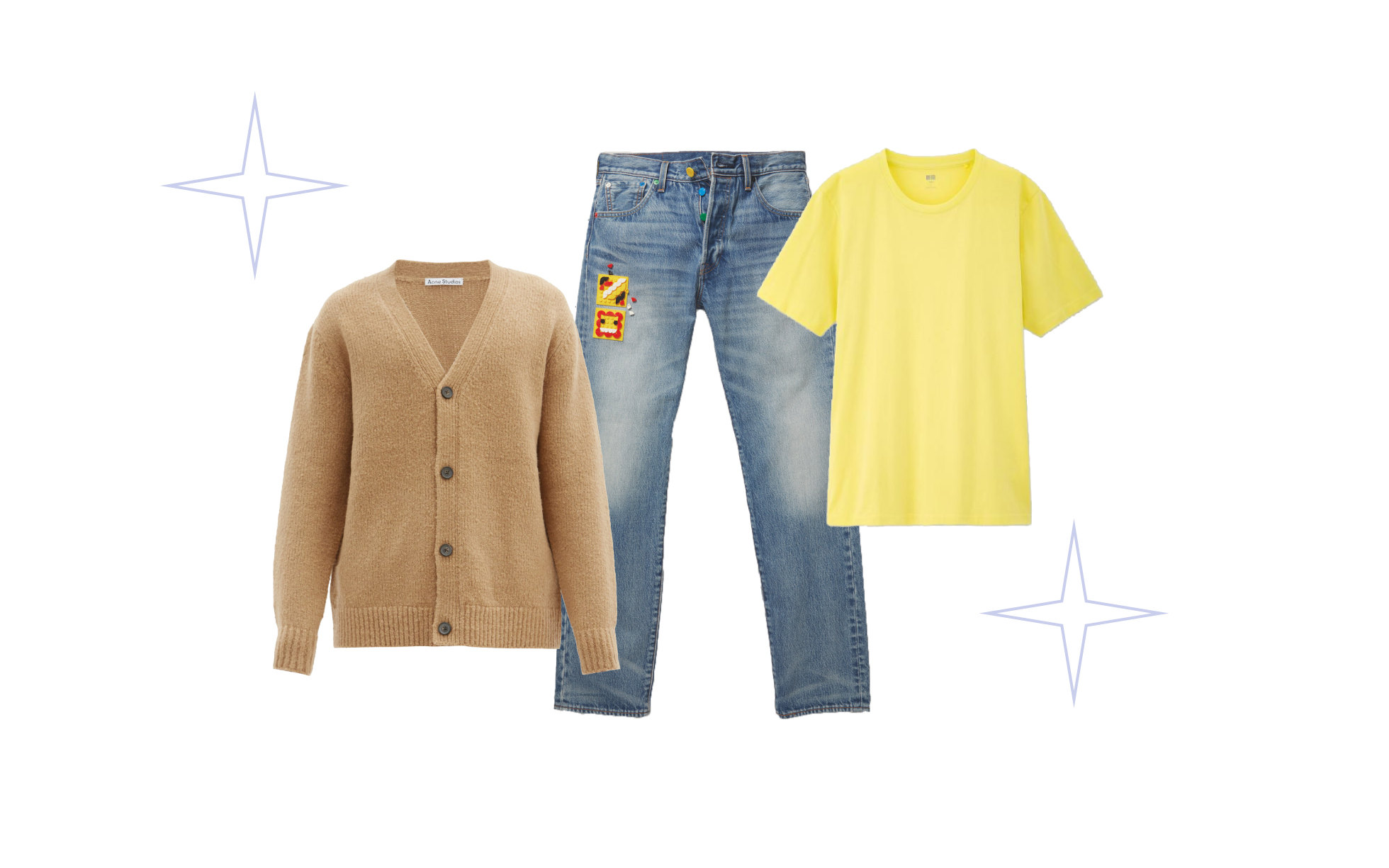 Кардиган, Acne Studios, €370; джинсы, Levi's x LEGO (в продаже с 1 октября); футболка, Uniqlo, 999 руб. Кардиган Acne Studios, €370; джинсы Levi's x LEGO (в продаже с 1 октября); футболка Uniqlo, 999 руб.
