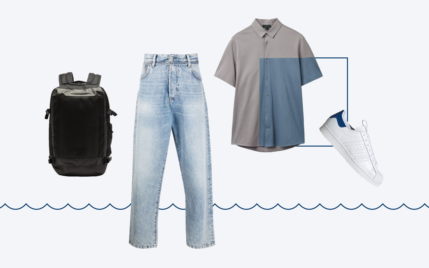 Джинсы, Acne Studios, 21 883 руб.; рубашка, COS, $69; кроссовки, adidas, 4499 руб.; рюкзак, Eastpak, €85 Джинсы Acne Studios, 21 883 руб.; рубашка COS, $69; кроссовки adidas, 4499 руб.; рюкзак Eastpak, €85