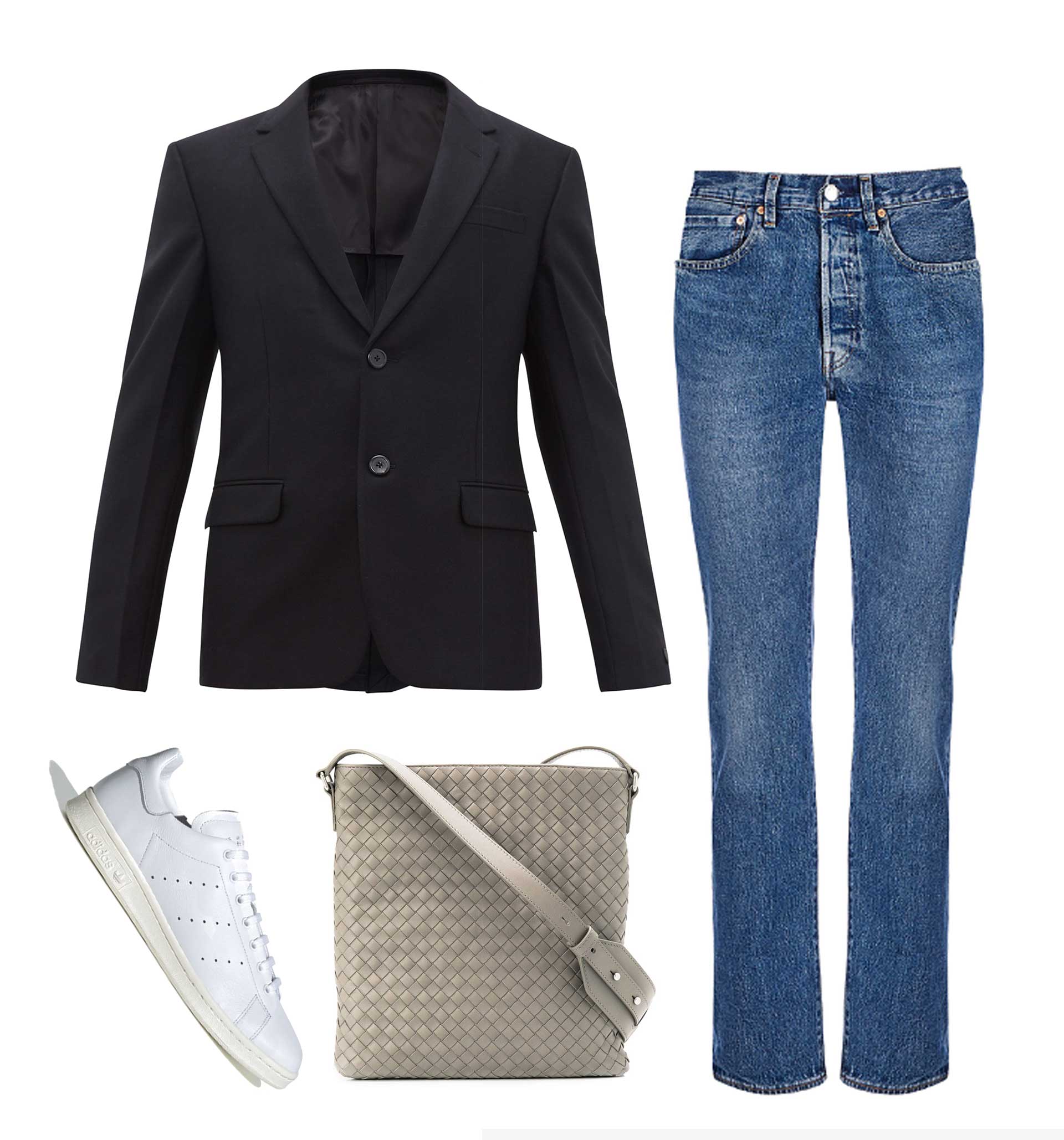 Джинсы Levi's, 7900 рублей; пиджак Prada, €1450; обувь adidas, 10999 рублей; cумка Bottega Veneta, 87761 рублей Джинсы Levi's, 7900 рублей; пиджак Prada, €1450; обувь adidas, 10999 рублей; cумка Bottega Veneta, 87761 рублей