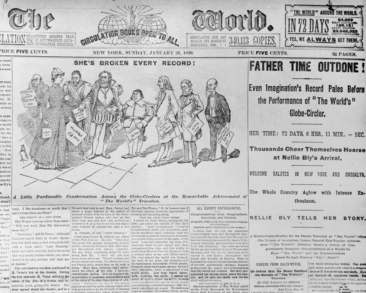 Выдержка из газеты The World со статьей о кругосветном путешествии Нелли Блай, 1890 год. Выдержка из газеты The World со статьей о кругосветном путешествии Нелли Блай,