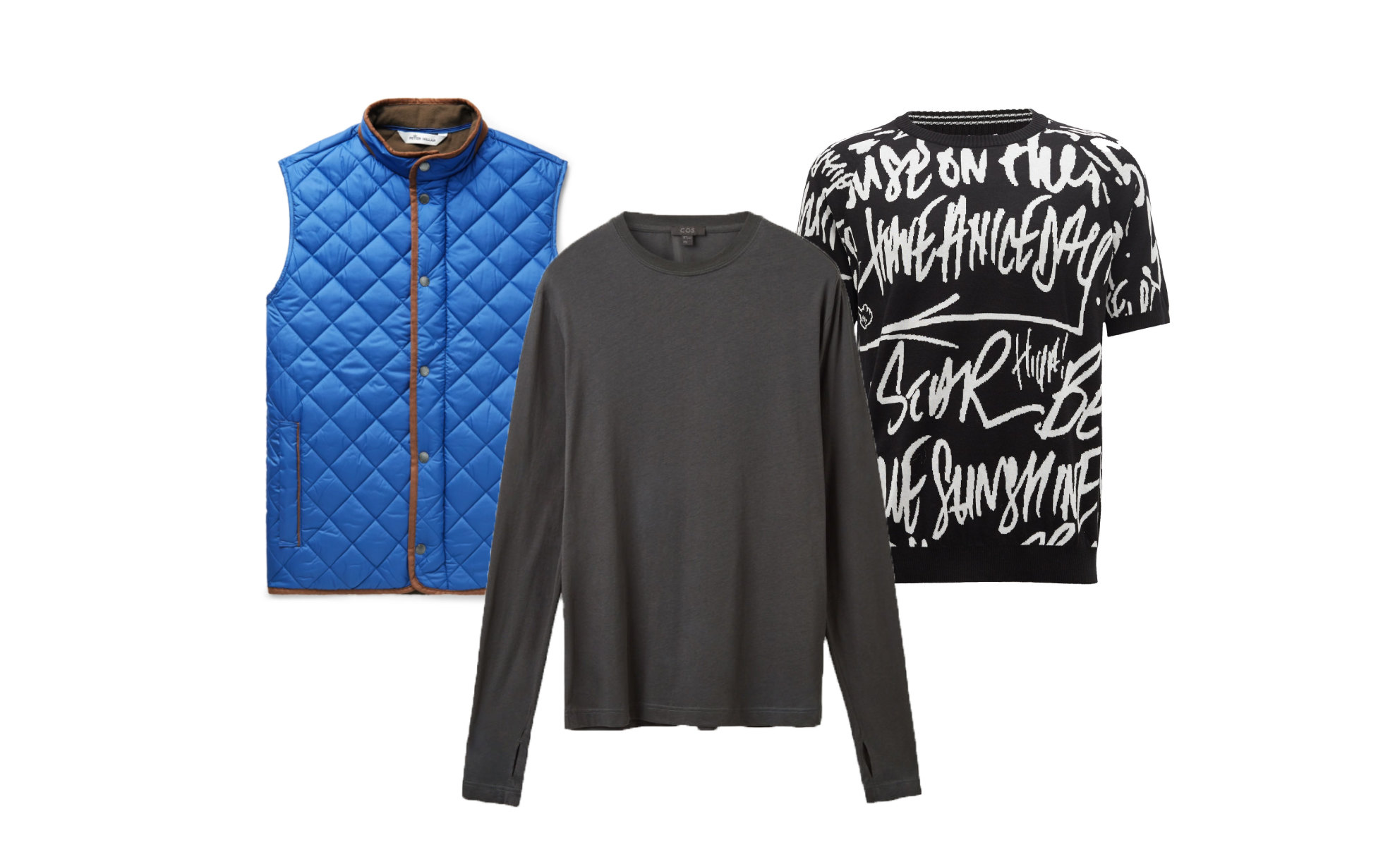Жилет, Peter Millar, $200; свитер с коротким рукавом, TAKAHIROMIYASHITA TheSoloist, €433; лонгслив, COS, $39 Жилет Peter Millar, $200; свитер с коротким рукавом TAKAHIROMIYASHITA TheSoloist, €433; лонгслив COS, $39