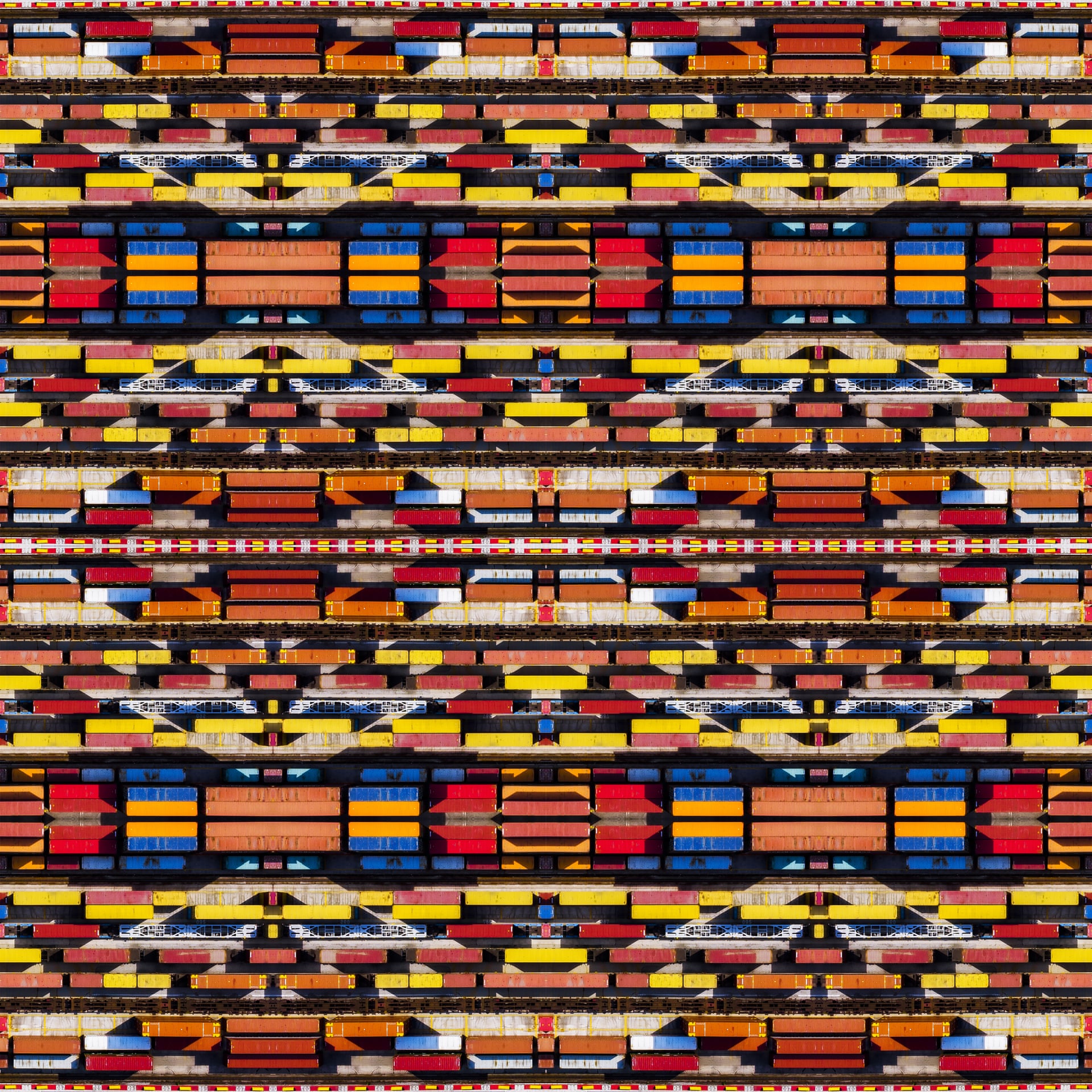 Caleidoscopio | Abstract Runner UpThis shot was inspired by the colourful patterns of the Navajo people of the south-western US. The colours of the containers and the diagonals created by the play of light and shadow create an interesting patternPhotograph: Paolo Crocetta/Drone Photography Awards 2021