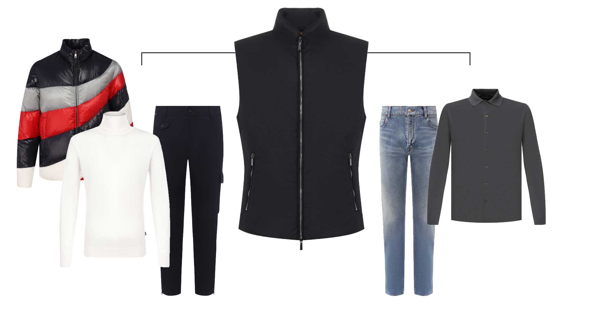 Жилет, Moorer, 39 300 руб.; вариант для отдыха: куртка, Moncler, 75 000 руб.; водолазка, Boss, 12 000 руб.; штаны, Dolce & Gabbana, 49 600 руб.; вариант для города: рубашка, Loro Piana, 122 500 руб.; джинсы, Balenciaga, 33 500 руб. Жилет Moorer, 39300 рублей; вариант для отдыха: куртка Moncler, 75000 рублей; водолазка Boss, 12000 рублей; штаны Dolce&Gabbana, 49600 рублей; вариант для города: рубашка Loro Piana, 122500 рублей; джинсы Balenciaga, 33500 рублей