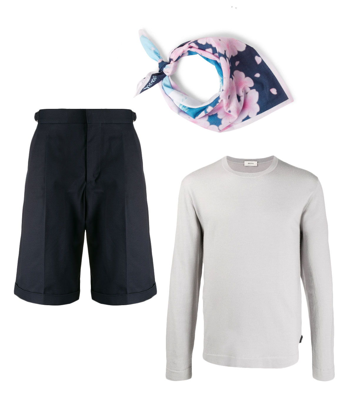 Лонгслив, Z Zegna, 18 026 руб.; шорты, Alexander McQueen, 29 254 руб.; косынка, Blue Blue Japan, £18 Лонгслив, Z Zegna, 18 026 руб.; шорты, Alexander McQueen, 29 254 руб.; косынка, Blue Blue Japan, £18