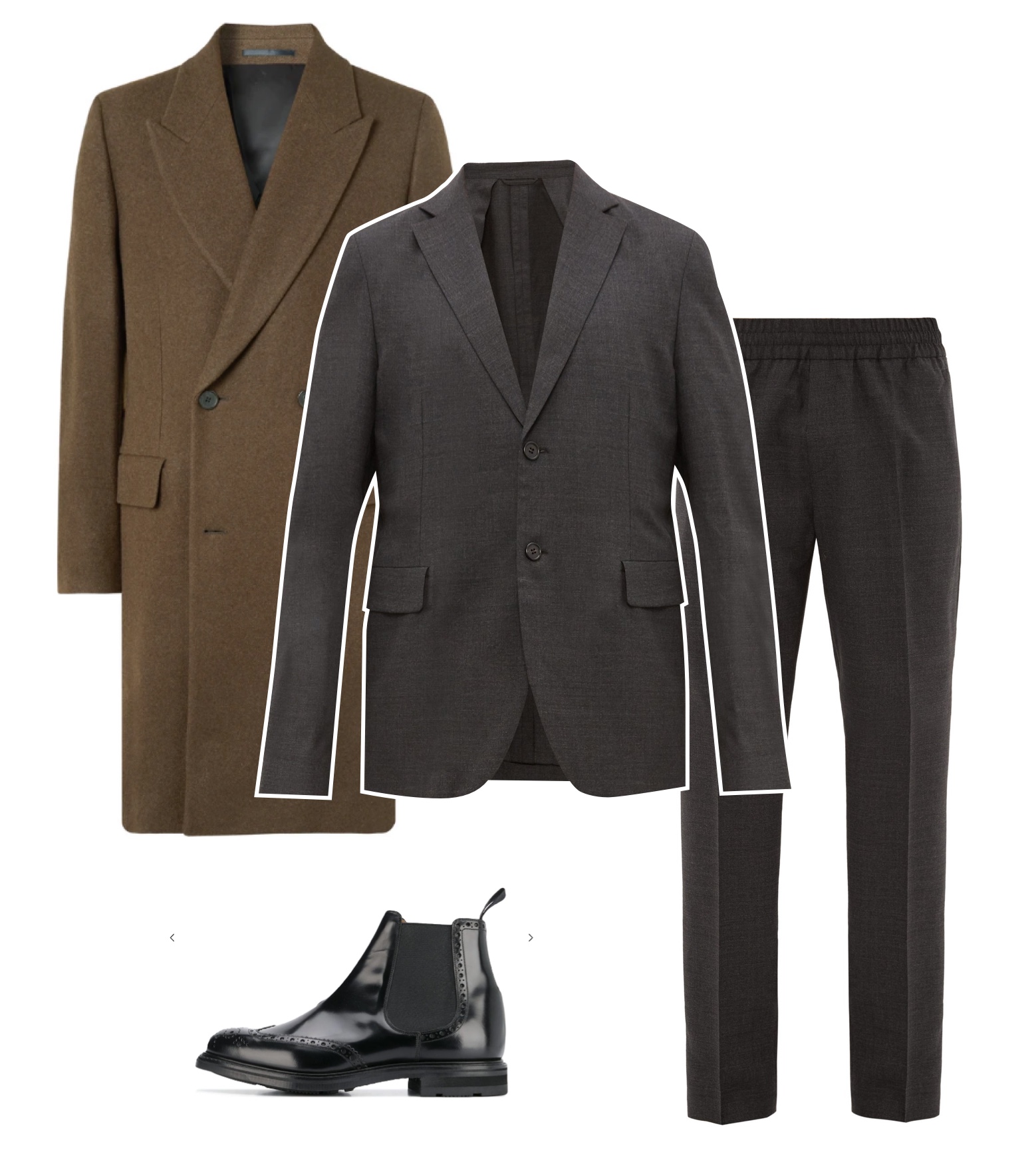 Пиджак, Acne Studios, €530; брюки, Acne Studios, €234; пальто, The Row, €3740; челси, Church's, 35 421 руб. Пиджак Acne Studios, €530; брюки Acne Studios, €234; пальто The Row, €3740; челси Church's, 35421 рублей