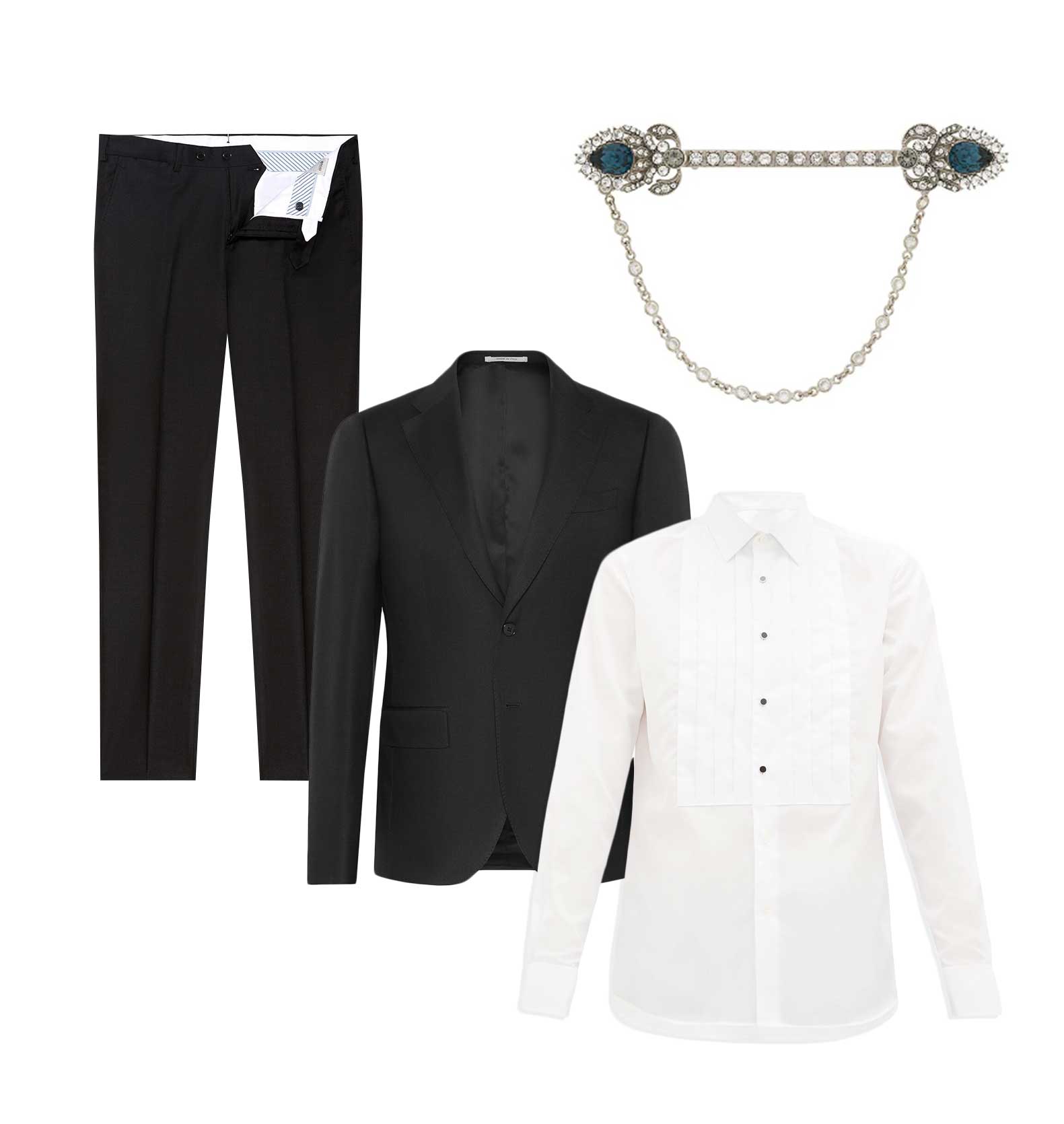 Пиджак, Boggi Milano, 37 850 руб.; брюки, Boggi Milano, 11 390 руб.; рубашка, Burberry, €357 ; брошь, Dolce & Gabbana, 48 000 руб. Пиджак Boggi Milano, 37850 рублей; брюки Boggi Milano, 11390 рублей; рубашка Burberry, €357 ; брошь Dolce & Gabbana, 48000 рублей