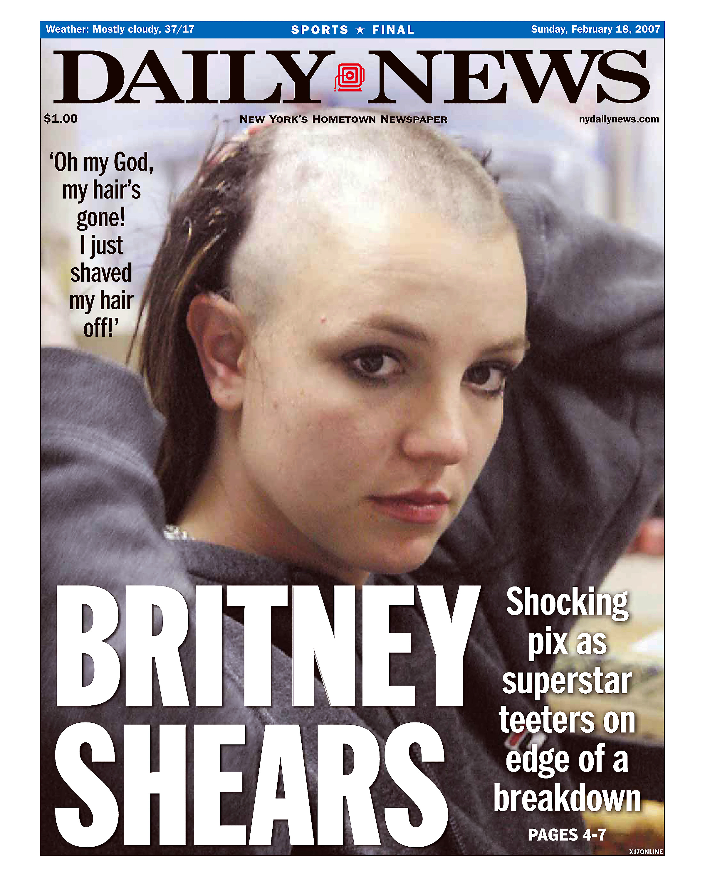 Передовица Daily News от 18 февраля 2007 года. Бритни Спирс побрилась налысо фото