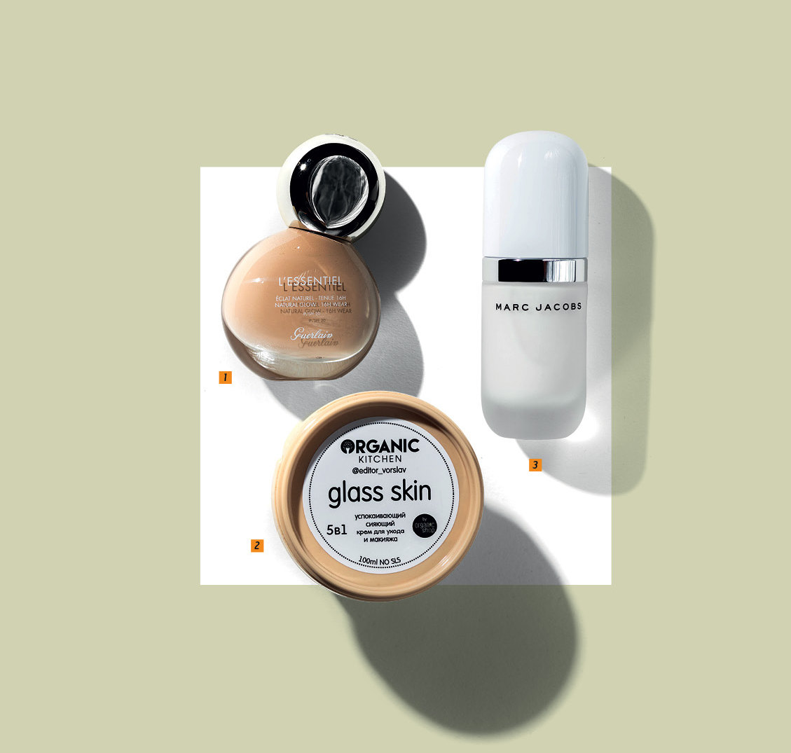 1.Легкий тональный крем с 97% натуральных ингредиентов L’Essentiel, Guerlain 2.Ухаживающий крем 5 в 1 с эффектом сияния Glass Skin, Organic Kitchen x Маша Ворслав 3.Выравнивающий кожу лосьон-праймер Under(cover), Marc Jacobs Beauty 1.Легкий тональный крем с 97% натуральных ингредиентов L’Essentiel, Guerlain 2.Ухаживающий крем 5 в 1 с эффектом сияния Glass Skin, Organic Kitchen x Маша Ворслав 3.Выравнивающий кожу лосьон-праймер Under(cover), Marc Jacobs Beauty