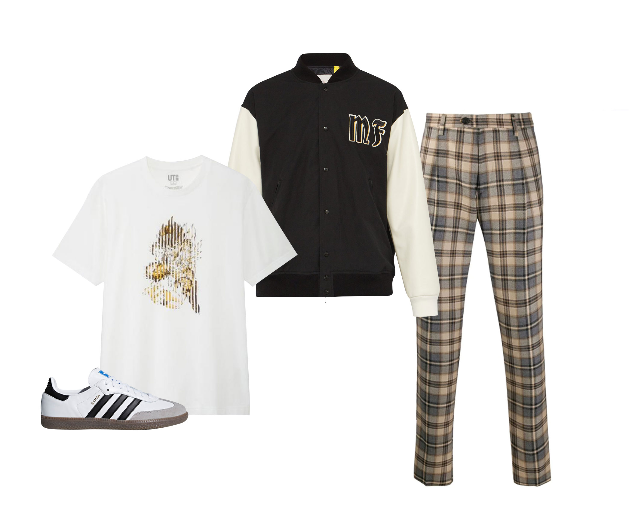 Кроссовки, adidas Originals Samba, 7999 руб.; брюки, Etro, 34 700 руб.; футболка, Uniqlo UT, 799 руб.; бомбер, Moncler Fragment 7, €1195 Кроссовки adidas Originals Samba, 7999 руб.; брюки Etro, 34700 руб.; футболка Uniqlo UT, 799 руб. ; бомбер Moncler Fragment 7, €1195