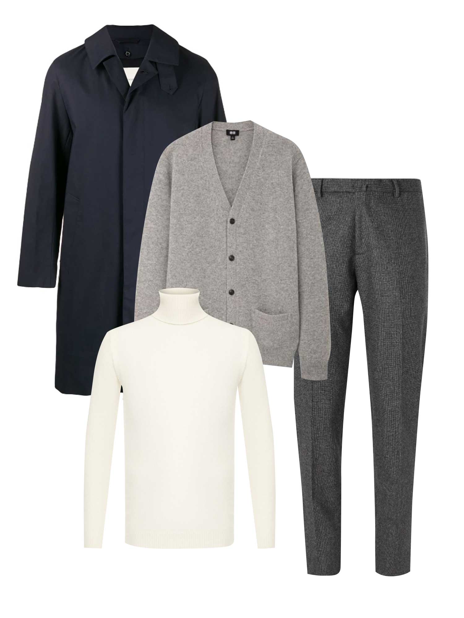 Кардиган, Uniqlo, 2999 руб.; водолазка, Daniele Fiesoli, 9345 руб.; брюки, Boglioli, €279; плащ, Mackintosh, 54 667 руб. Кардиган Uniqlo, 2999 рублей; водолазка Daniele Fiesoli, 9345 рублей; брюки Boglioli, €279; плащ Mackintosh, 54667 рублей