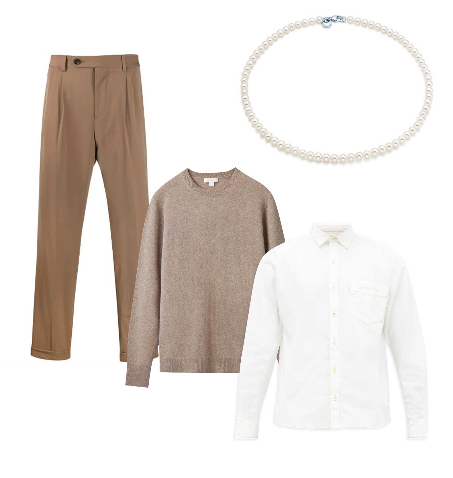 Свитер, COS, €150; рубашка, Jacquemus, €228 ; брюки, Brunello Cucinelli, 82 100 руб.; бусы, Tiffany & Co., 58 500 руб. Свитер COS, €150; рубашка Jacquemus, €228 ; брюки Brunello Cucinelli, 82100 рублей; бусы Tiffany & Co., 58500 рублей