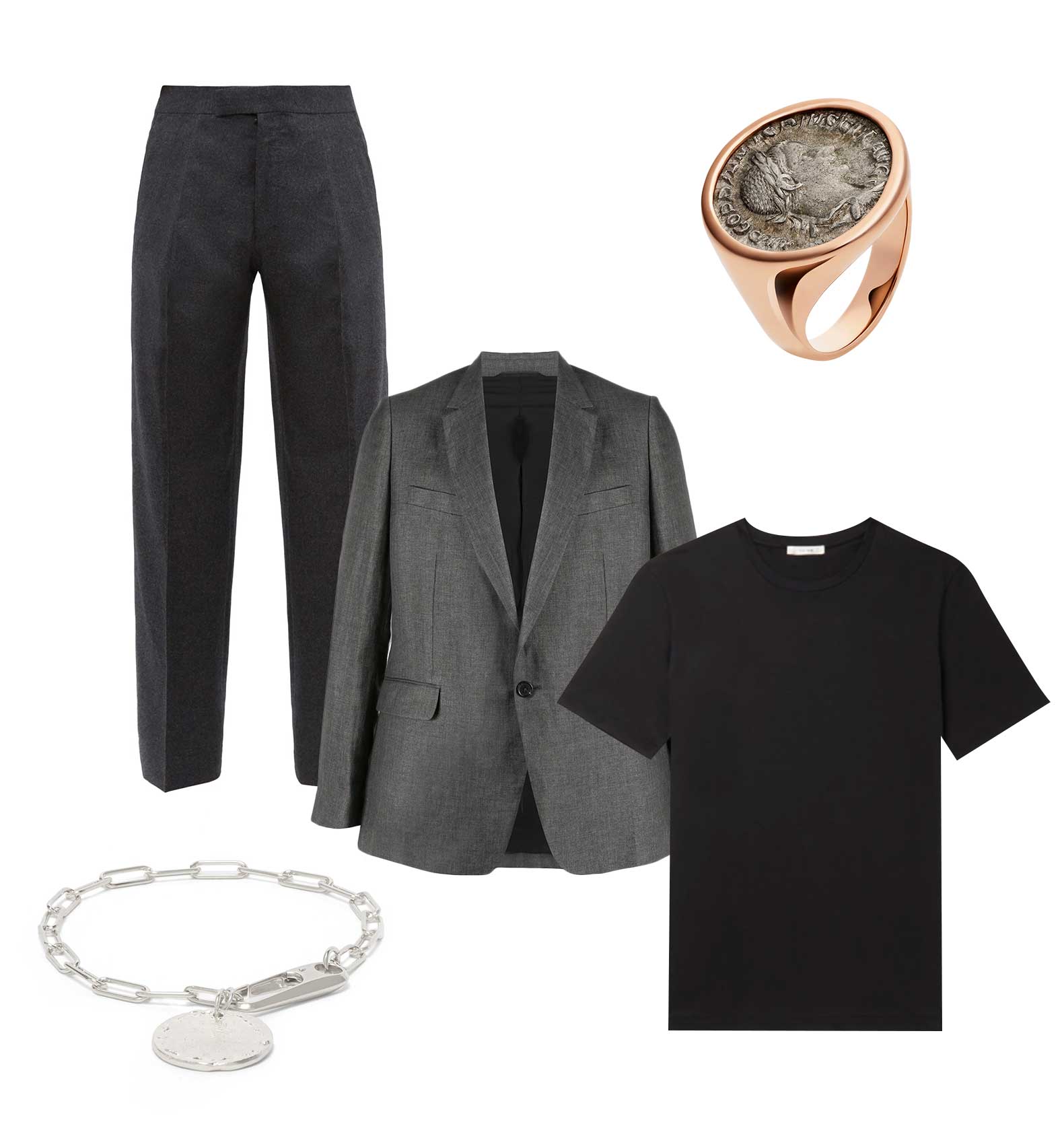 Пиджак, Ann Demeulemeester, 55 875 руб.; футболка, The Row, £275; брюки, The Row, €1188; перстень, Bvlgari; браслет, Alighieri, €214 Пиджак Ann Demeulemeester, 55 875 рублей; футболка The Row, £275; брюки The Row, €1188; перстень Bvlgari; браслет Alighieri, €214