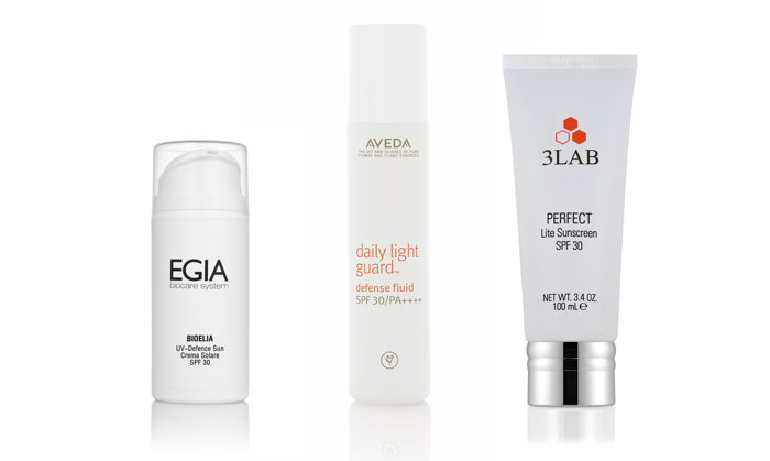 Нелипкий солнцезащитный крем для лица Bioelia UV-Deffense Sun, Egia Biocare System; Легкий солнцезащитный флюид для лица Daily Light Guard Deffense Fluid, Aveda; Легкий антивозрастной солнцезащитный крем для лица Perfect Lite Sunscreen SPF 30, 3Lab Нелипкий солнцезащитный крем для лица Bioelia UV-Deffense Sun, Egia Biocare System; Легкий солнцезащитный флюид для лица Daily Light Guard Deffense Fluid, Aveda; Легкий антивозрастной солнцезащитный крем для лица Perfect Lite Sunscreen SPF 30, 3Lab