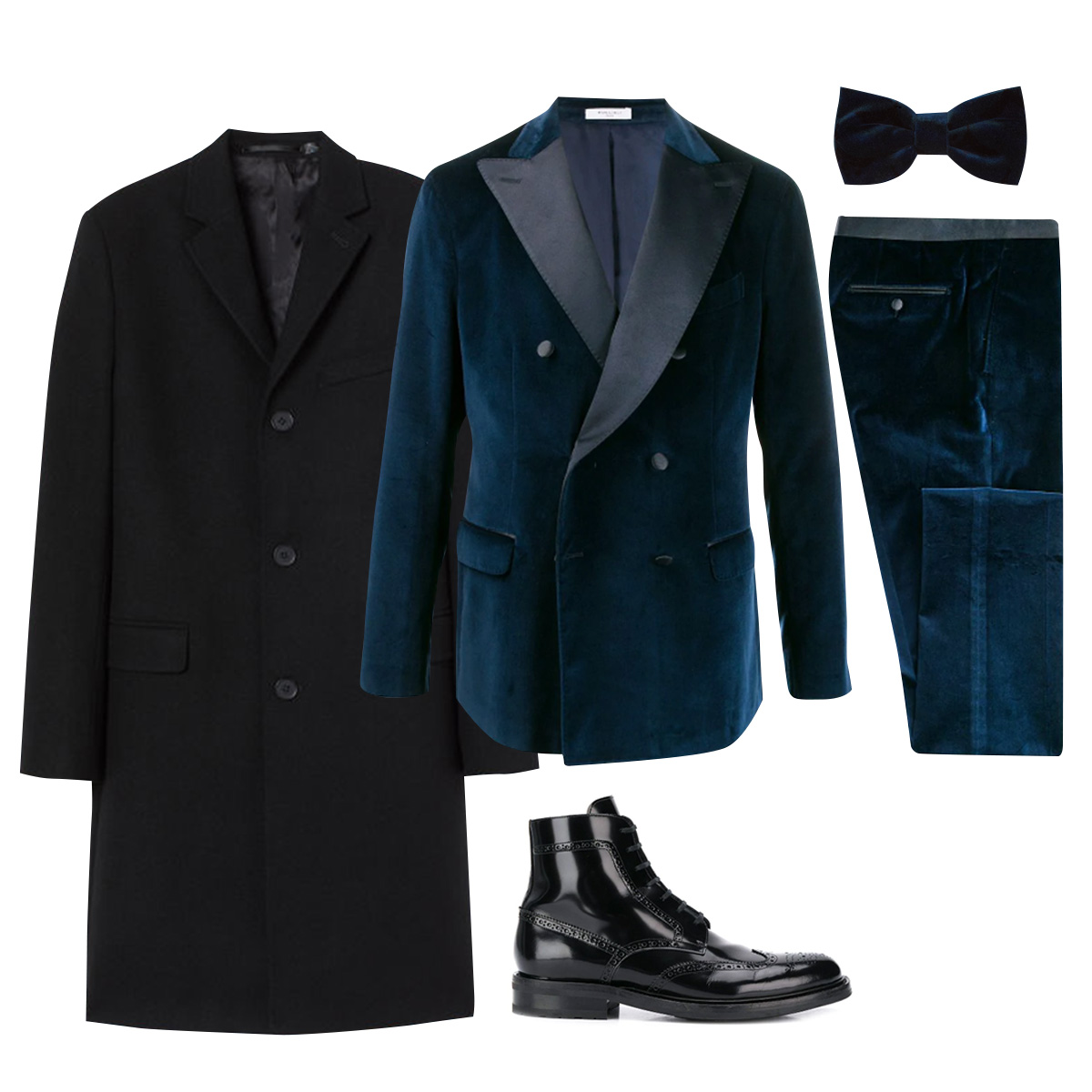 Костюм, Boglioli, 69 533 руб.; пальто, H&M, 9999 руб.; бабочка, Comme Les Loups, €65; обувь, Saint Laurent, 53 172 руб. Костюм Boglioli, 69533 рубля; пальто H&M, 9999 рублей; бабочка Comme Les Loups, €65; обувь Saint Laurent, 53172 рублей