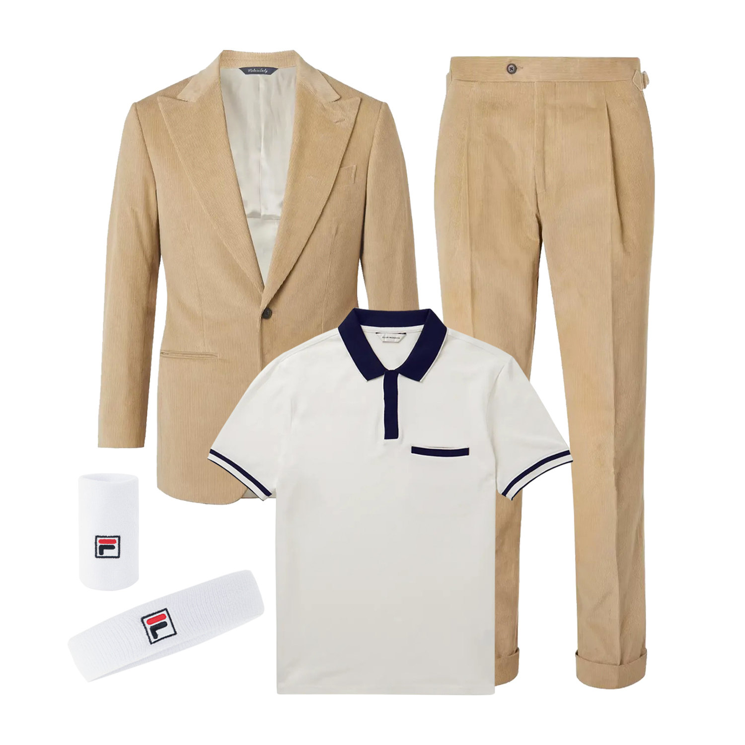 Пиджак, Saman Amel, €1438; брюки, Saman Amel, €402; поло, Club Monaco, €94; повязка, Fila, 299 руб.; напульсники, Fila, 299 руб. Пиджак Saman Amel, €1 438; брюки Saman Amel, €402; поло Club Monaco, €94; повязка Fila, 299 руб.; напульсники Fila, 299 руб.